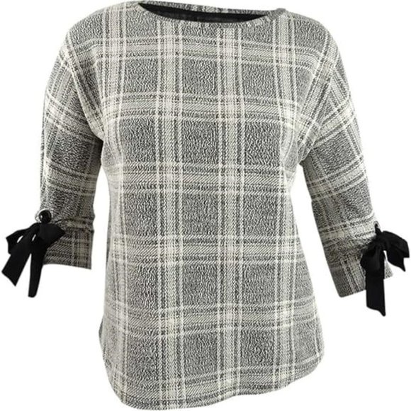 CHARTER CLUB Textured Plaid Top Boat Neckline Black Bow Kimono Sleeves Sz S NEW - Picture 2 of 6